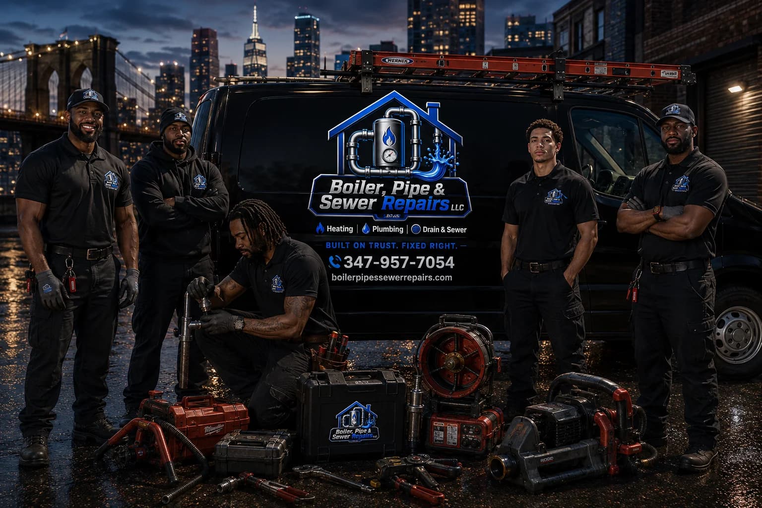 Illustrative graphic of a uniformed plumbing crew and branded service van