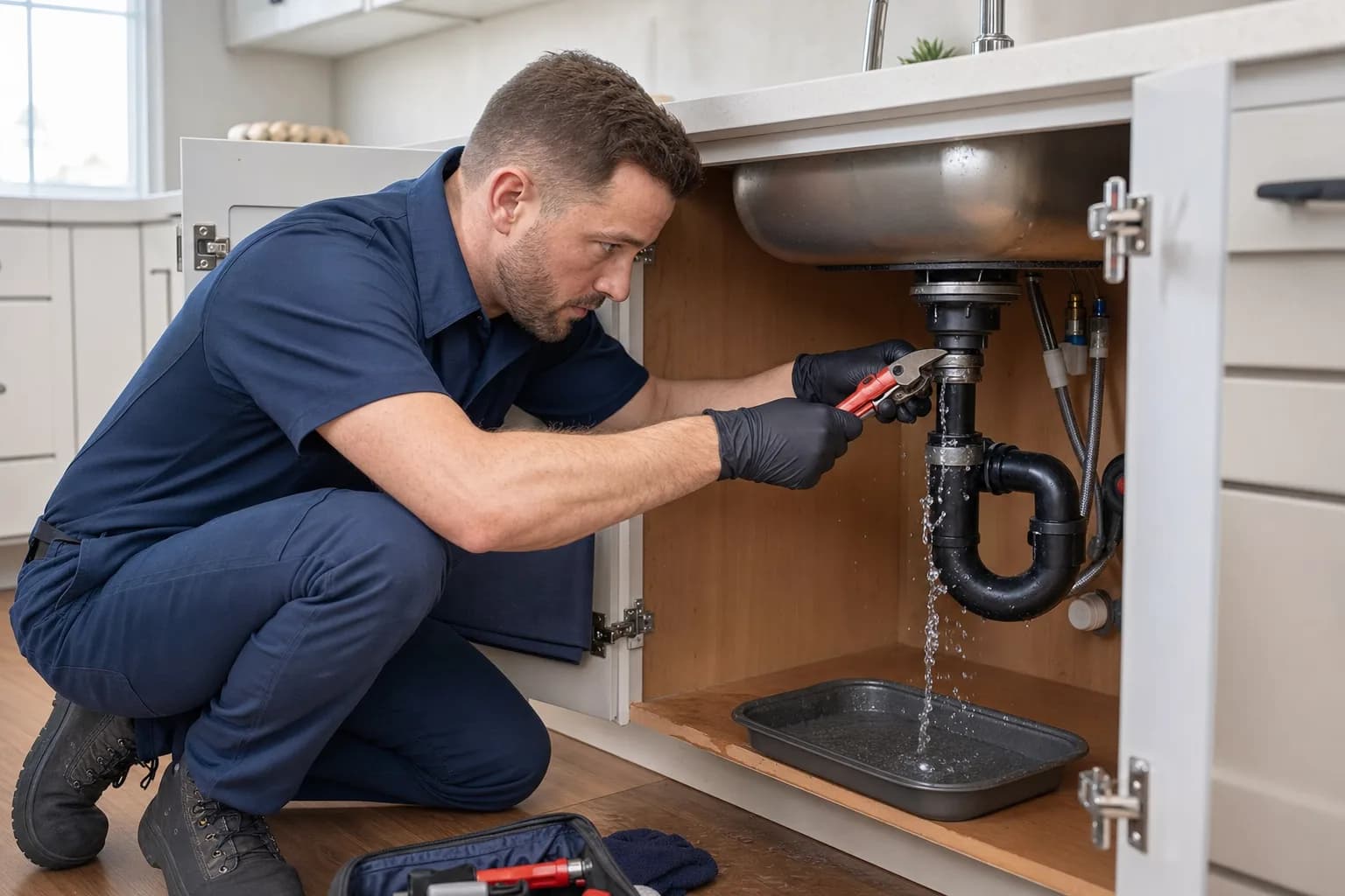 Illustrative graphic of a technician repairing a kitchen sink drain with water draining into a catch pan