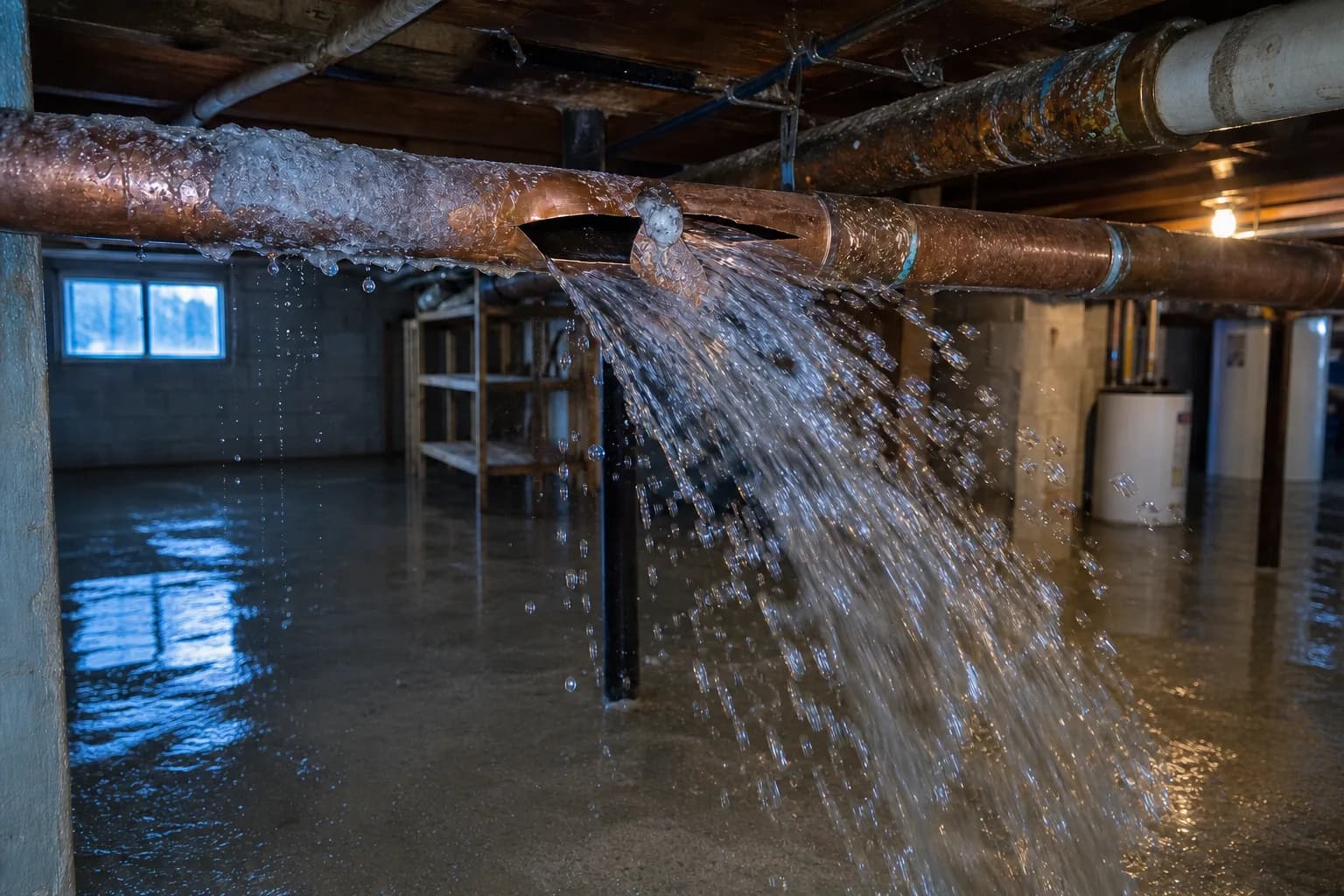 Illustrative graphic of a burst copper pipe actively spraying water in a residential basement