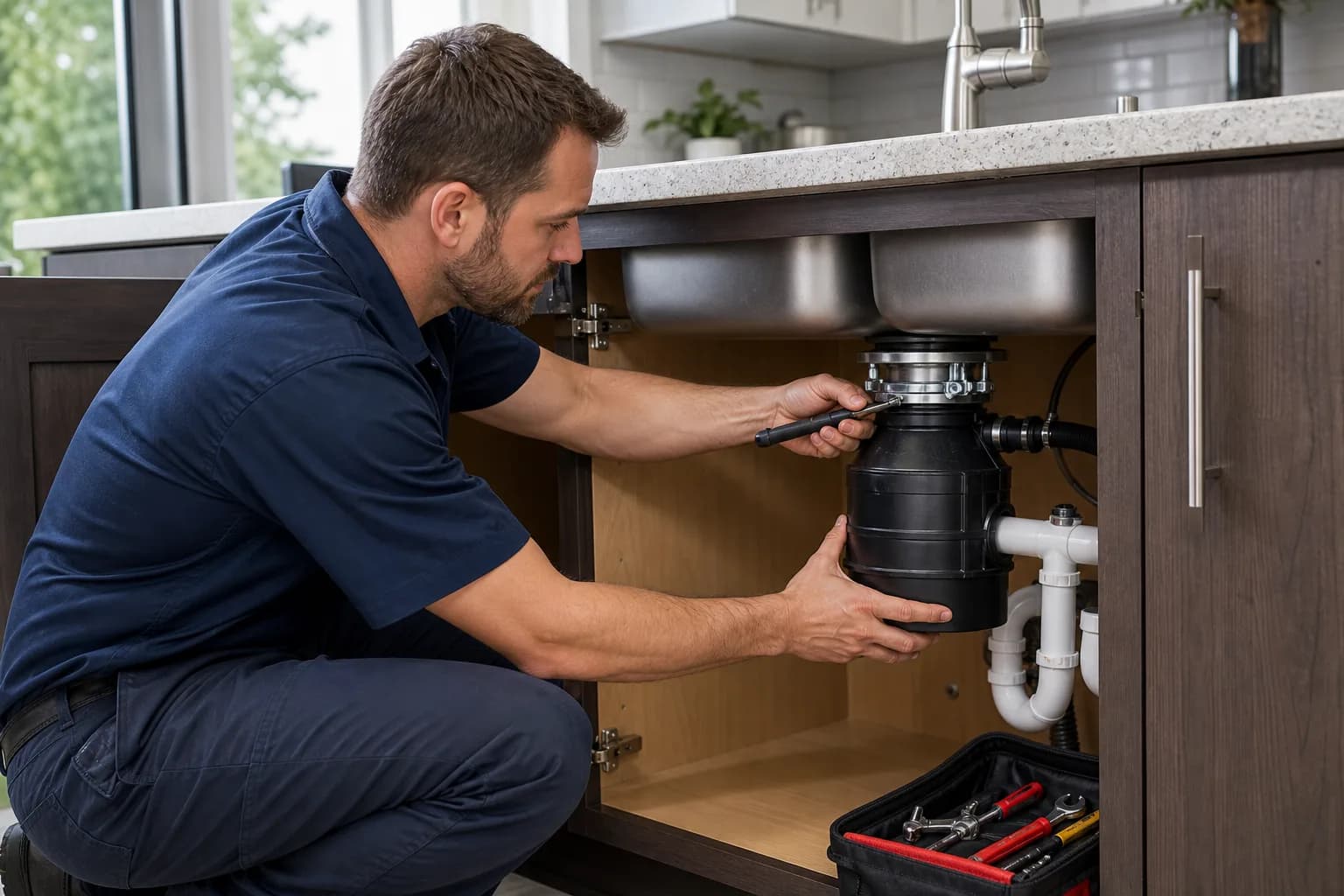 Illustrative graphic of a technician servicing a garbage disposal under a kitchen sink