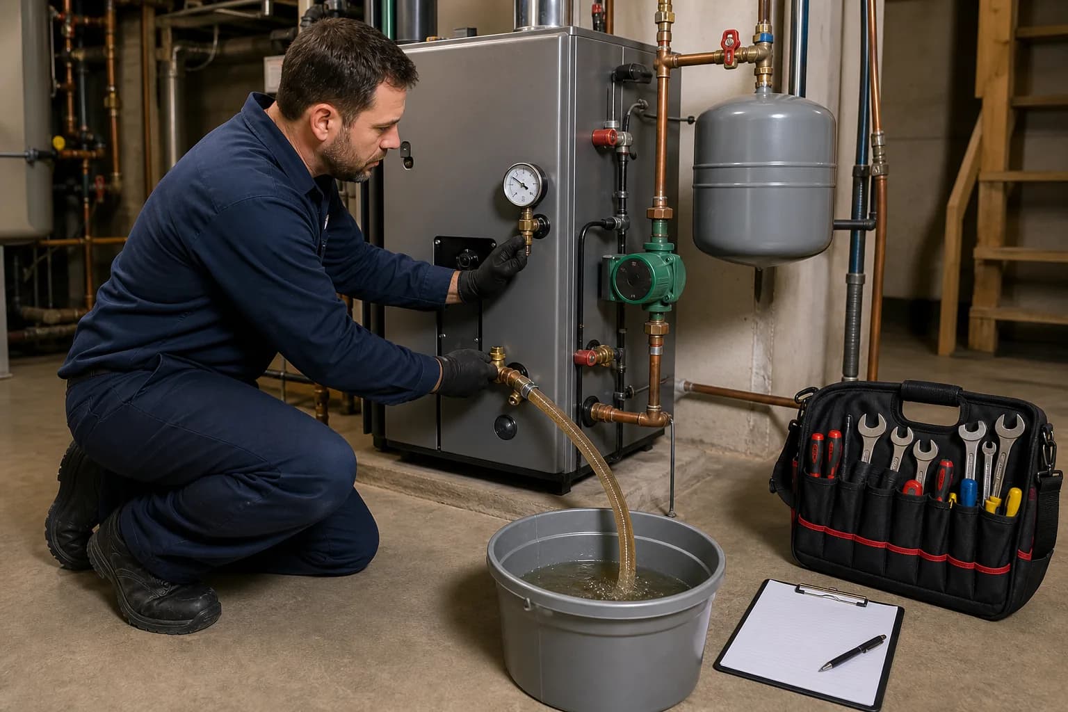 Illustrative graphic of a technician draining and servicing a residential boiler during a maintenance visit